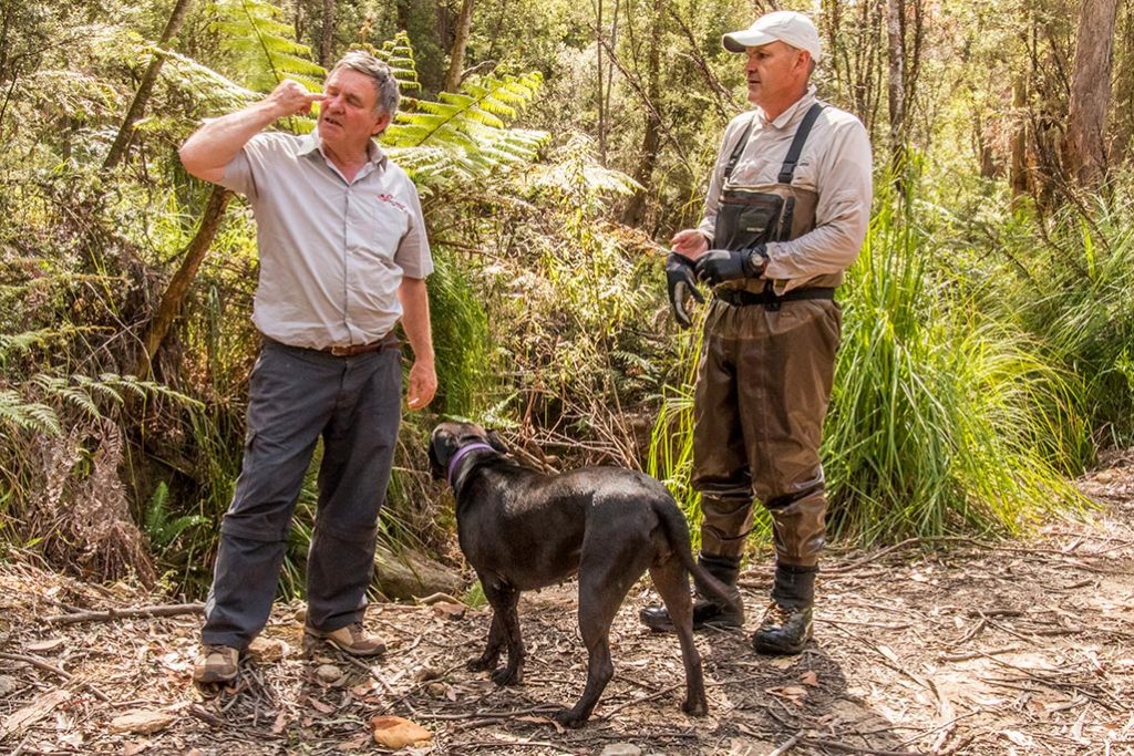Graham chats with a prospector and his dog near the intake for the micro-hydro pipeline