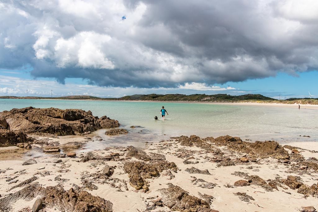 A boy with his dog wading through clear ocean water