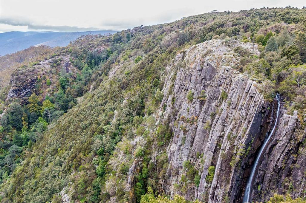 Ralphs Falls is a narrow ribbon dropping into the valley bleow Mount Victoria in North East Tasmania
