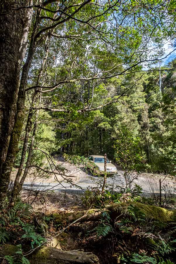 Car parked on the road near the entrance to the walk, Mout Victoria forest reserve Tasmania