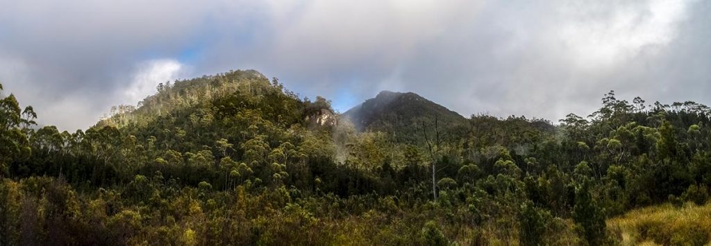 Mist rising over the mountains surrounding the Lake Vera Hut