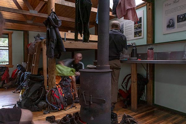 Crowded sleeping area inside the Lake Vera Hut
