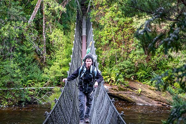 James on the swing bridge over the Franklin river in Tasmania