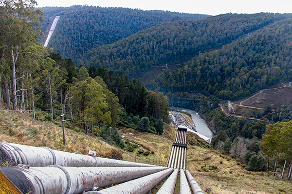 Looking directly down the steel penstocks from the top of Tarraleah. A key highlight of a Hydro Electric Heritage Tour.