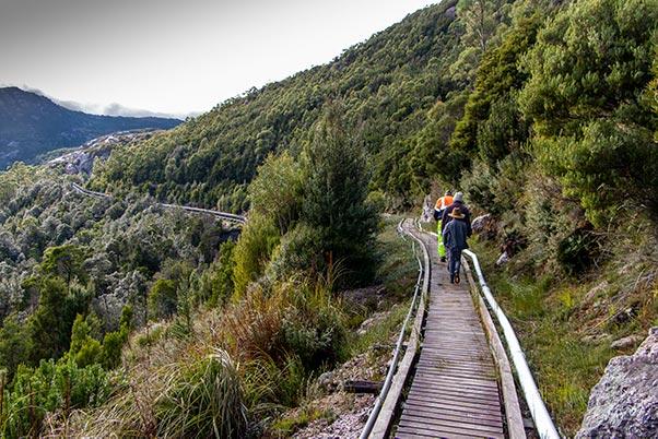 Graham and James walking along the boardwalk to Lake Margaret Dam