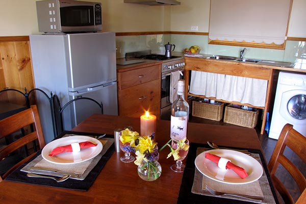 View of the kitchen including upright fridge-freezer, microwave oven, gas stove top, electric oven, sink and washing machine.