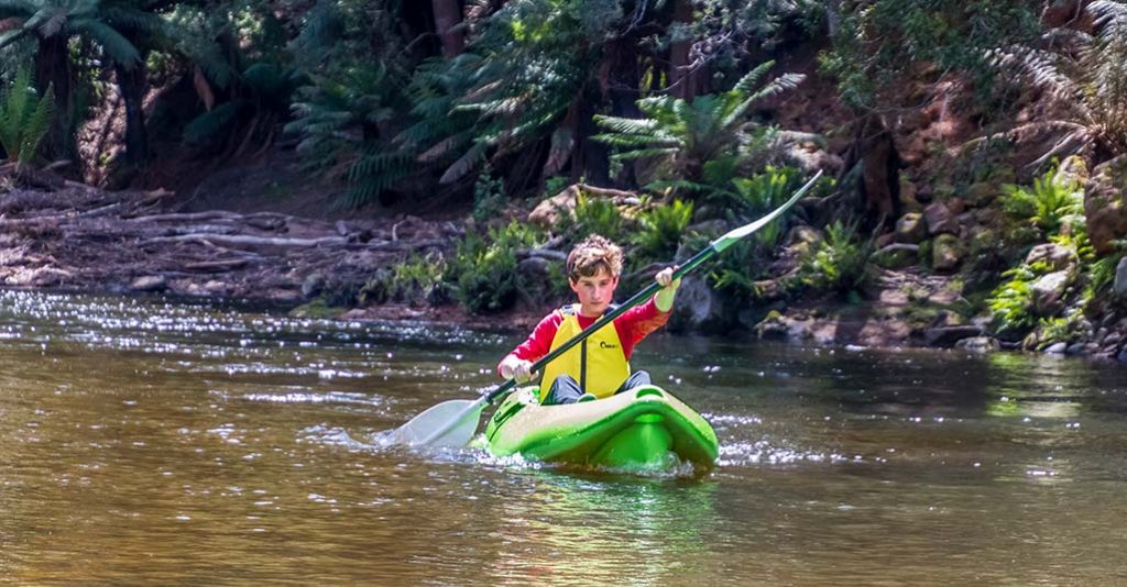 Teenage boy kayaking down the Ringarooma River on a family holiday in Tasmania - at Tin Dragon Cottages