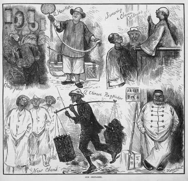 A pencil sketch of newly arrived Chinese male immigrants in 1874
