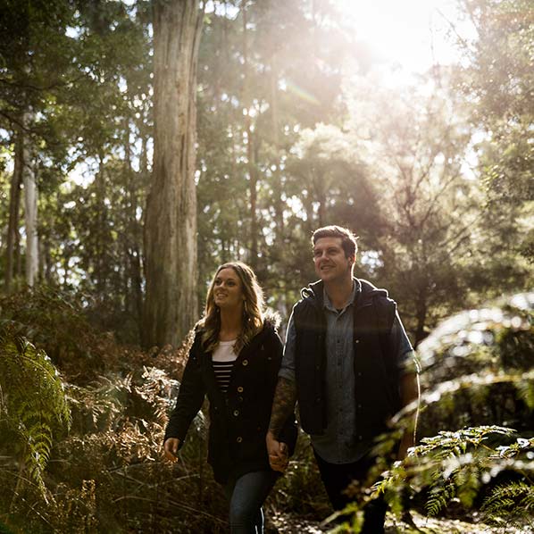 A young man an woman are holding hand as they walk along a forest path.