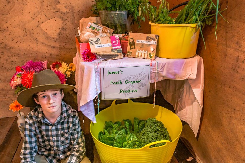Small boy sitting in front of a table with containers of fresh vegetables for sale.
