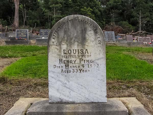 A plain headstone in the Moorina Cemetery, commemorates Louisa Ping wife of Henry Ping.