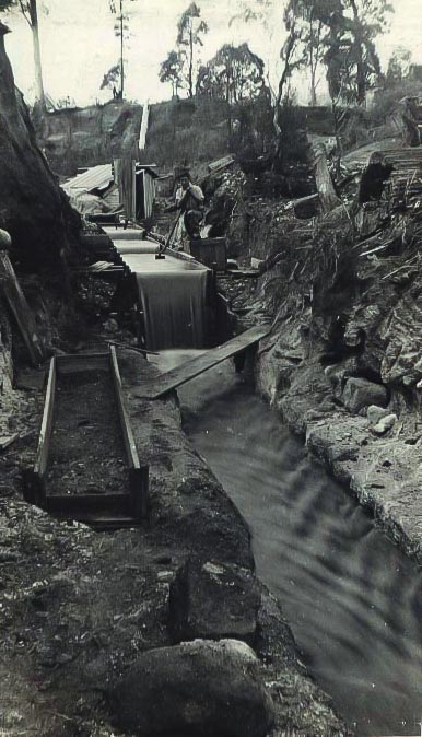 Water running from a water race through a sluice box with a Chinese miner standing adjacent.