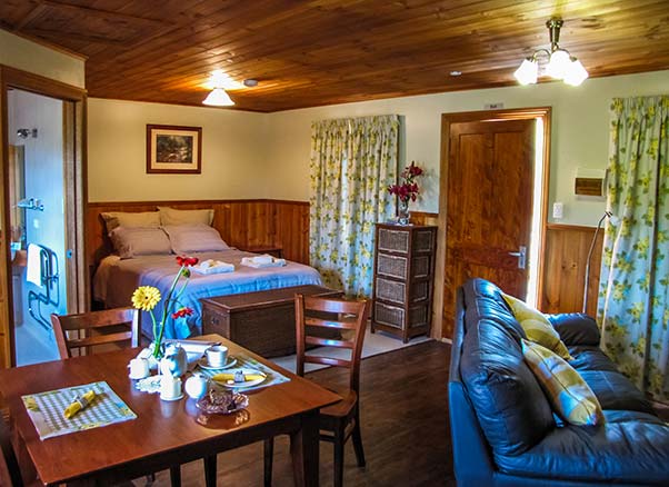 Interior view of Chintock cottage showing dining table, bed, leather sofa and entrance to the ensuite bathroom
