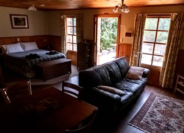Interior view of Chintock studio cottage showing the dining table, bed and leather sofa.