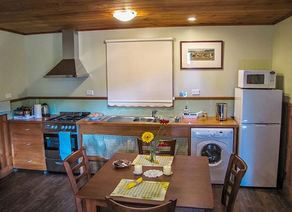 Interior view of the kitchen in Chintock cottage showing the gas stove top, electric oven, upright fridge-freezer, microwave oven and combined clotehs washer-dryer.