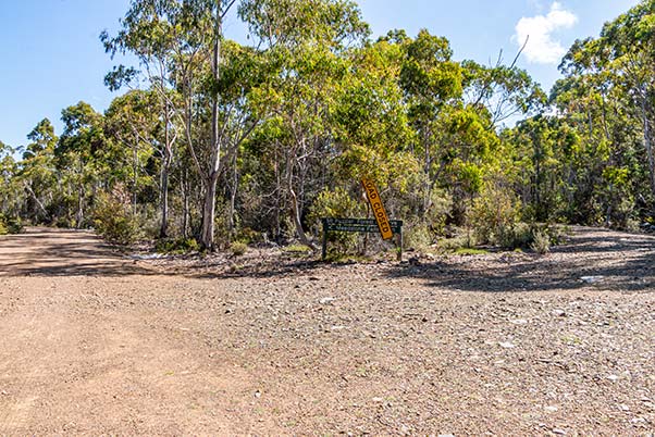 A gravel road intersection has a sign indicating a left-hand turn to Meadstone Falls.