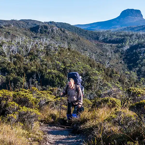 Graham walking to the summit of a small rise on day 3 of the Overland Track. Barn Bluff is in the background.