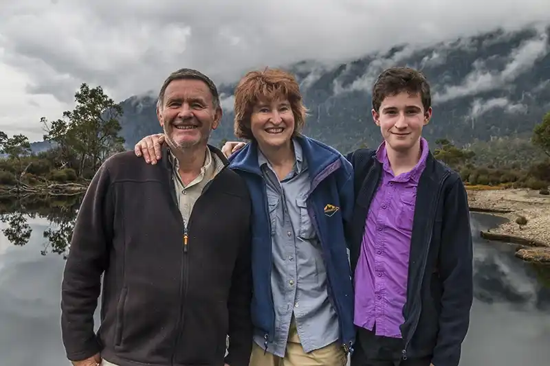 Graham, Christine and James standing on the jetty at Narcissus.