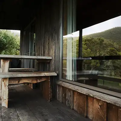 The temperate rain forest of the Dial ranges is reflected in the front window of a bush hut.