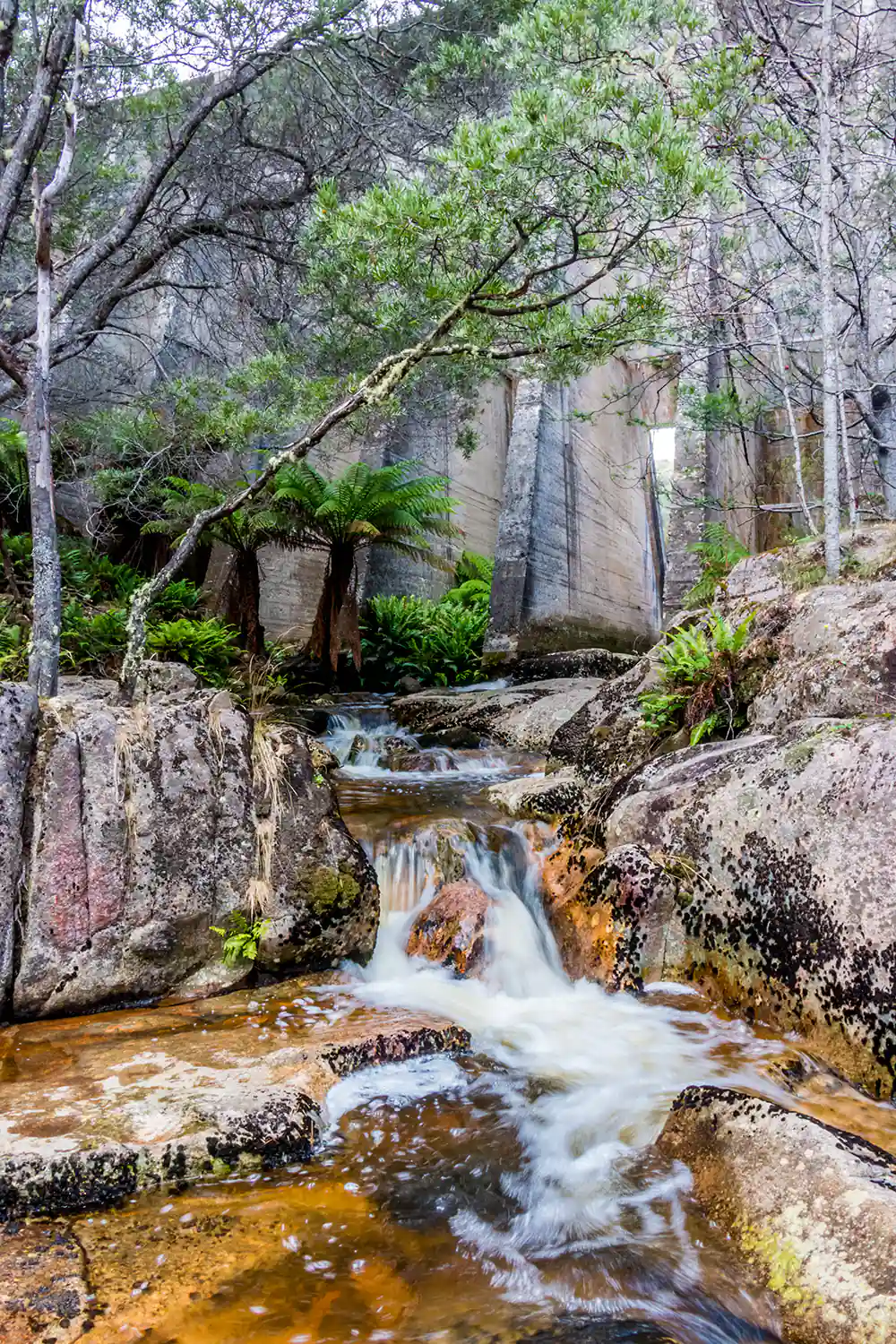Mount Paris Dam in North East Tasmania. The Cascade river is flowing through a large purpose-made hole in the dam wall.