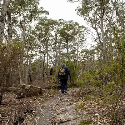 Graham is walking away from the camera on a dry rocky stretch of the track.