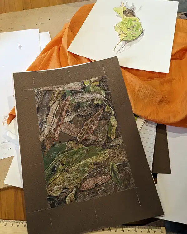 Coloured pencil drawing fo the forest floor by an art retreat student.