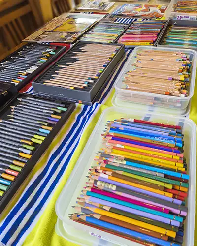 A large selection of coloured art pencils are displayed on a table.