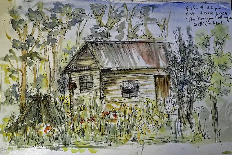 A water colour painting depicting the Settlers Hut at Tin Dragon Cottages.