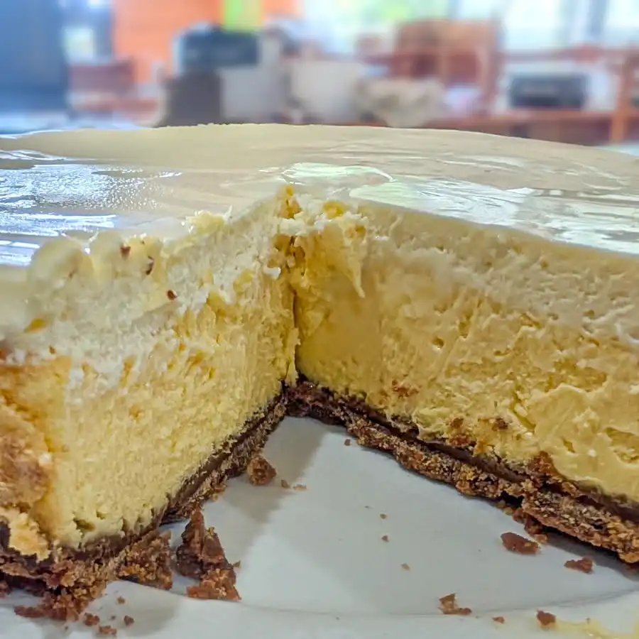 Close up of a cheesecake showing the cut surface and biscuit base.