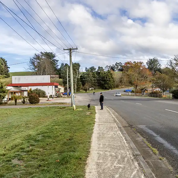 A man with hias dog standing on a footpath next to the main road in Branxholm.