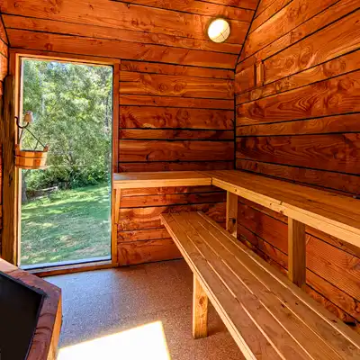 Inside the Tailrace Sauna showing the sauna benches