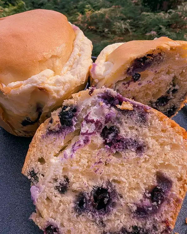 This is a close up of 2 blueberry muffins. One blueberry muffin is cut in hlaves to reveal the layer of creamed cheese.