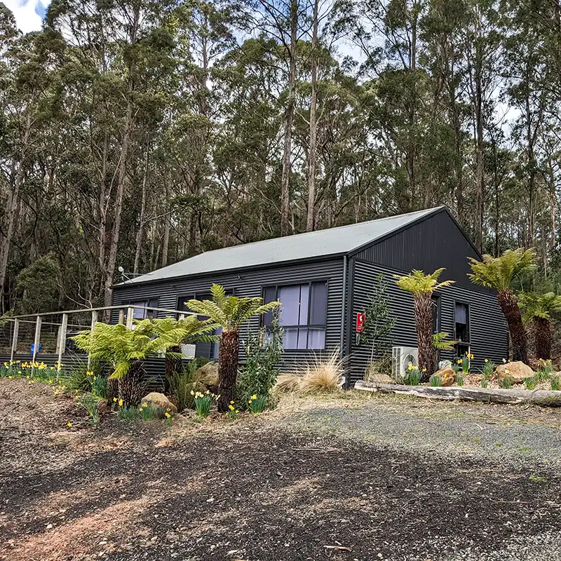The Barn is set in the bushland at Tin Dragon Cottages in North East Tasmania