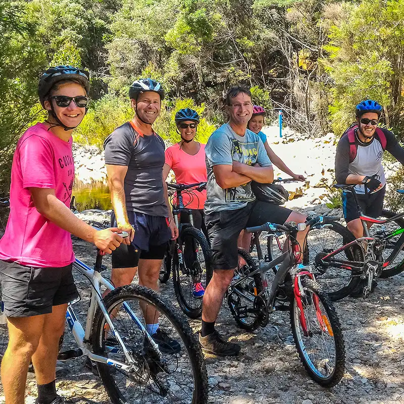 A geoup of friends are rinding the Blue Derby MTB trails
