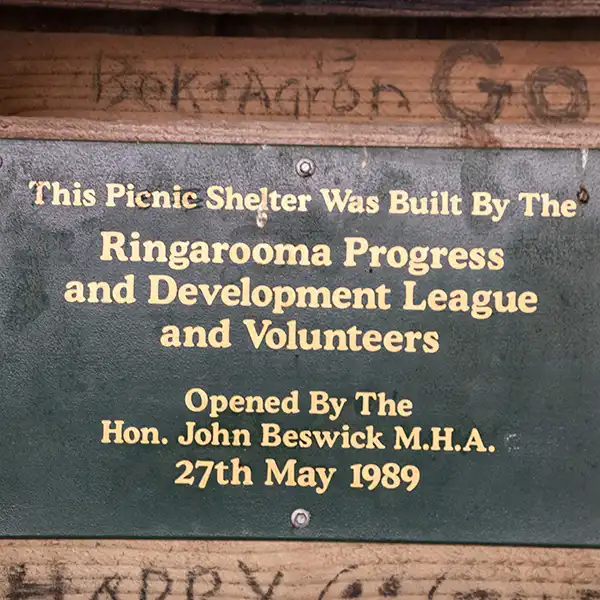 Ralphs Falls sign in shelter shed